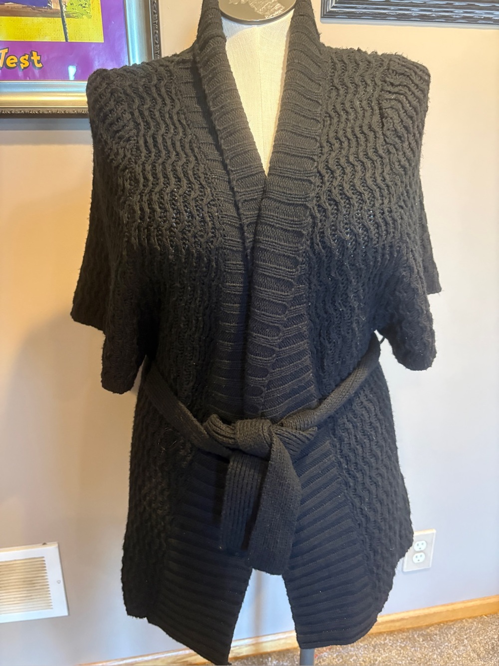 Carolyn Taylor Black Belted Open-Front Cable Knit Cardigan